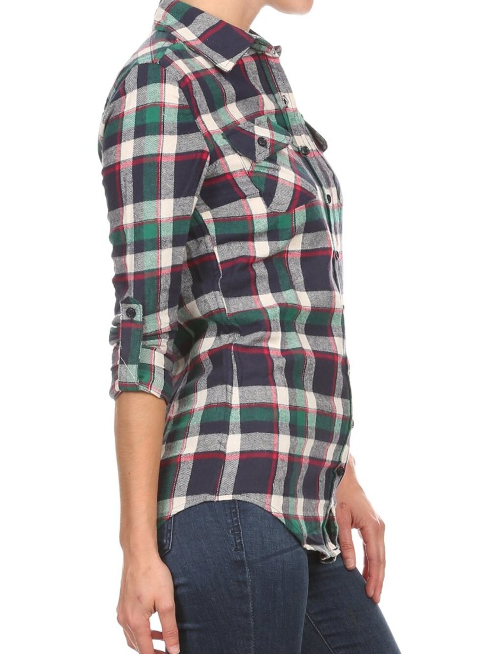 Flannel Plaid 3/4 roll up sleeve button down shirt, rounded back